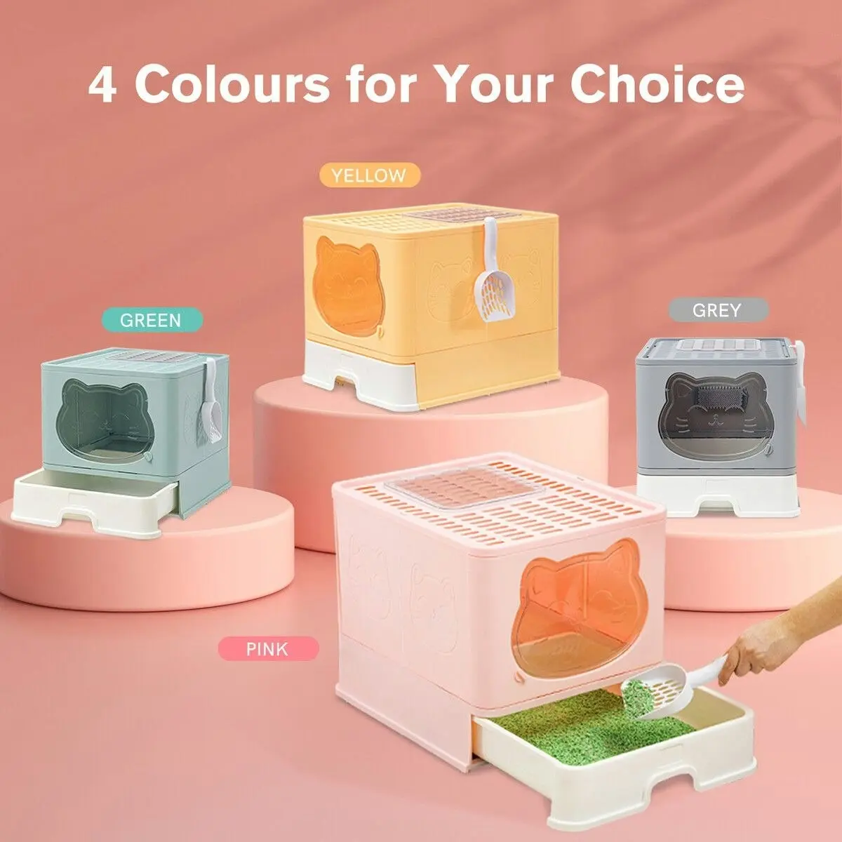 Pet Scene Cat Litter Box Kitty Toilet Training Enclosed Front Top Entry Lid Large Covered Hooded Kitten Potty Pan Furniture Scoop Foldable Pink