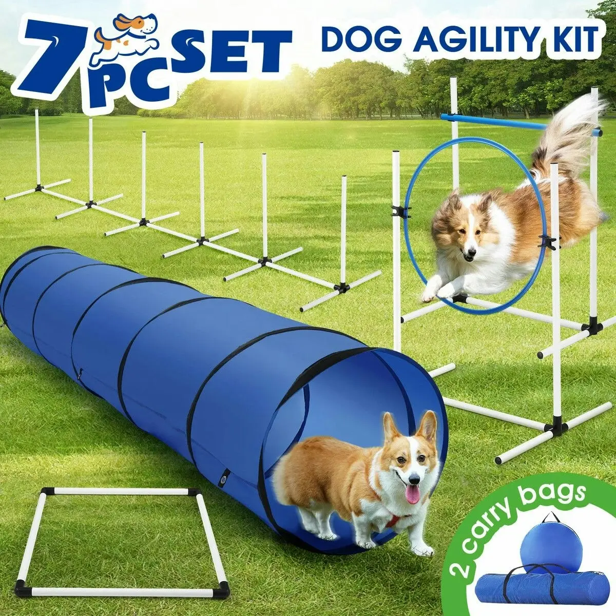 Pet Scene 7PCS Dog Agility Equipment Obstacle Course Pet Training High Tire Hurdle Jump Exercise Supplies Sports Tunnel Weave Pole Pause Box with Bags