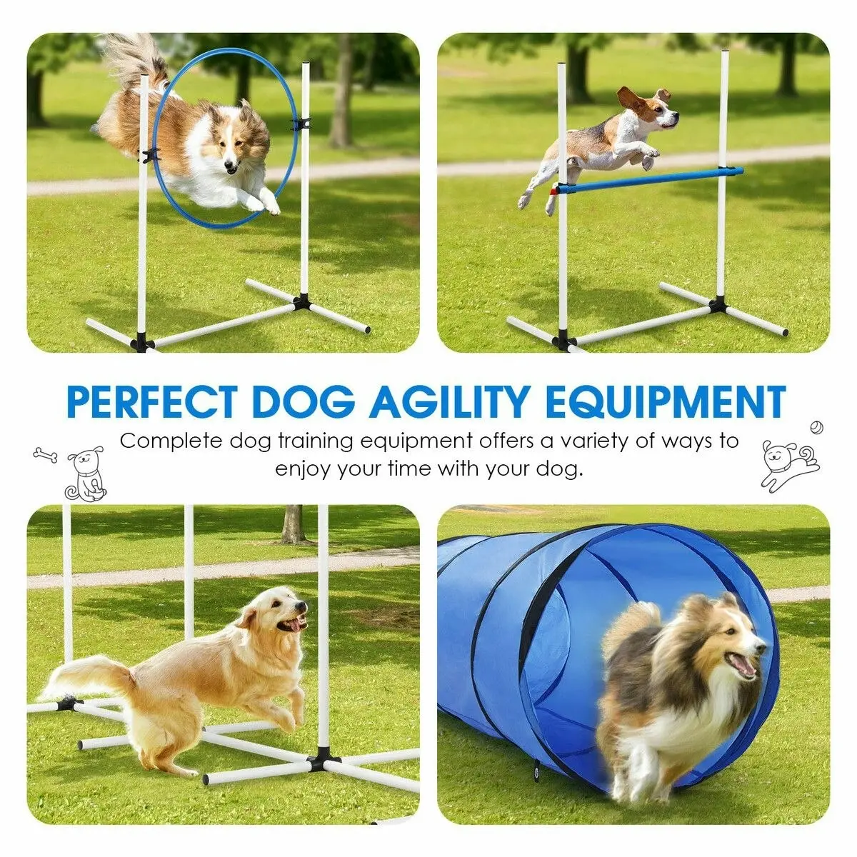 Pet Scene 7PCS Dog Agility Equipment Obstacle Course Pet Training High Tire Hurdle Jump Exercise Supplies Sports Tunnel Weave Pole Pause Box with Bags