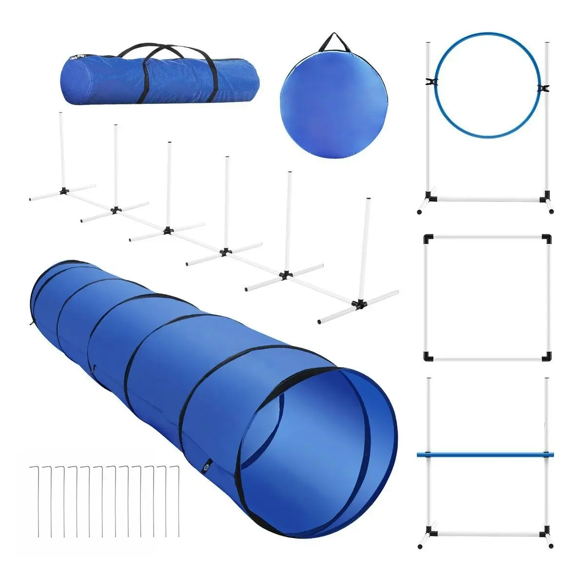 Pet Scene 7PCS Dog Agility Equipment Obstacle Course Pet Training High Tire Hurdle Jump Exercise Supplies Sports Tunnel Weave Pole Pause Box with Bags