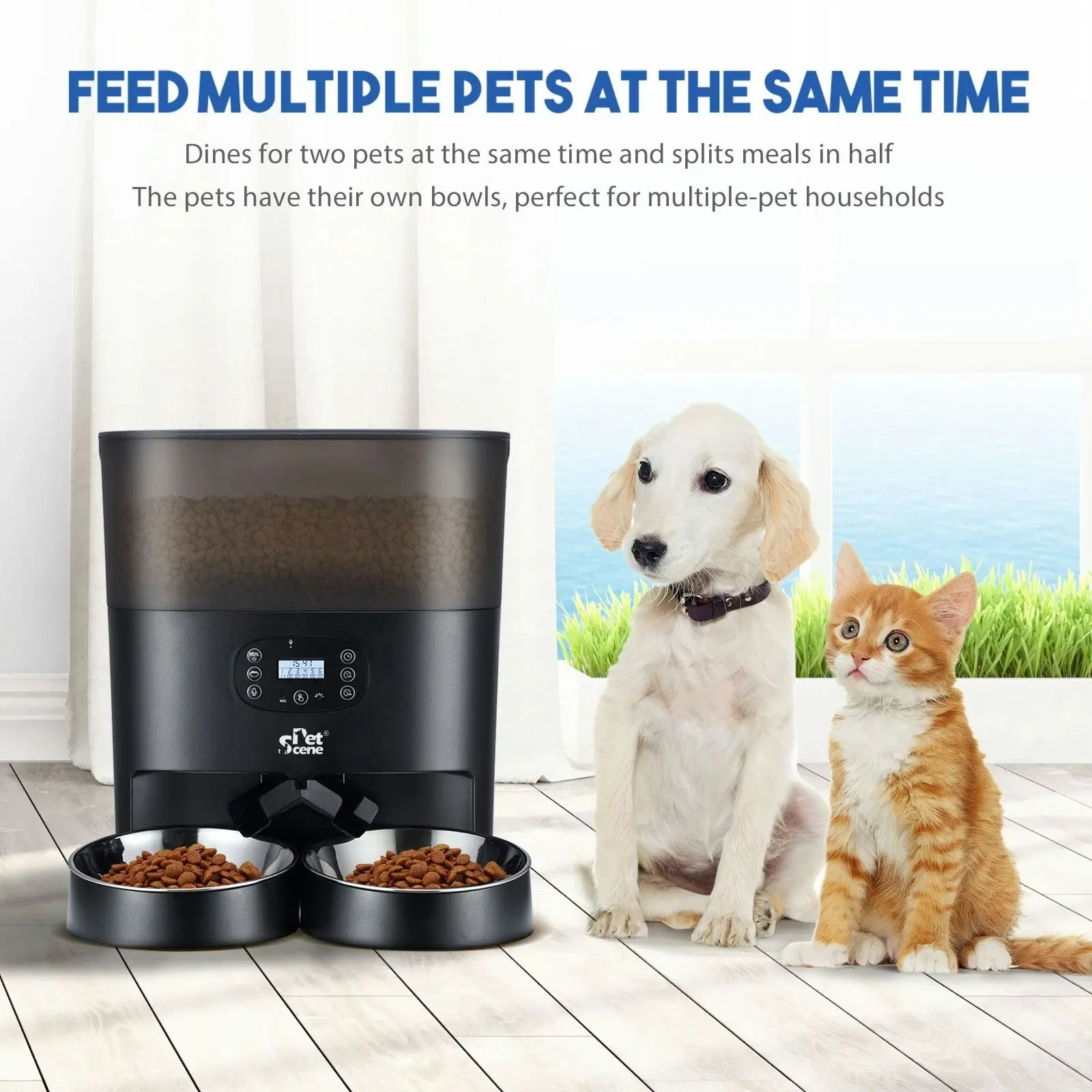 Pet Scene Automatic Pet Cat Feeder Dog Auto Dual Bowls Timed Food Dispenser 6L with Voice Recorder Petscene Black