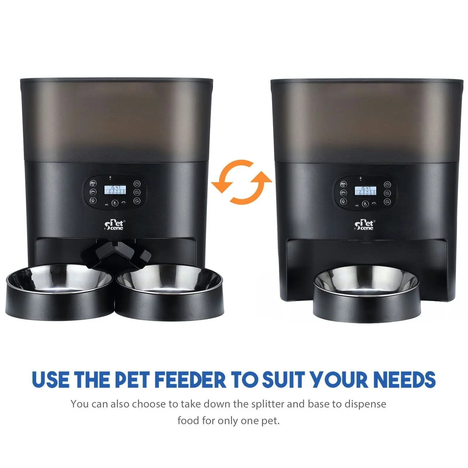 Pet Scene Automatic Pet Cat Feeder Dog Auto Dual Bowls Timed Food Dispenser 6L with Voice Recorder Petscene Black