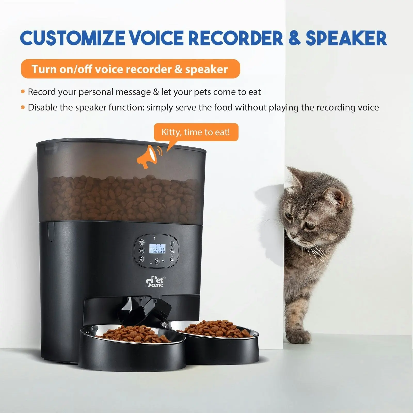 Pet Scene Automatic Pet Cat Feeder Dog Auto Dual Bowls Timed Food Dispenser 6L with Voice Recorder Petscene Black