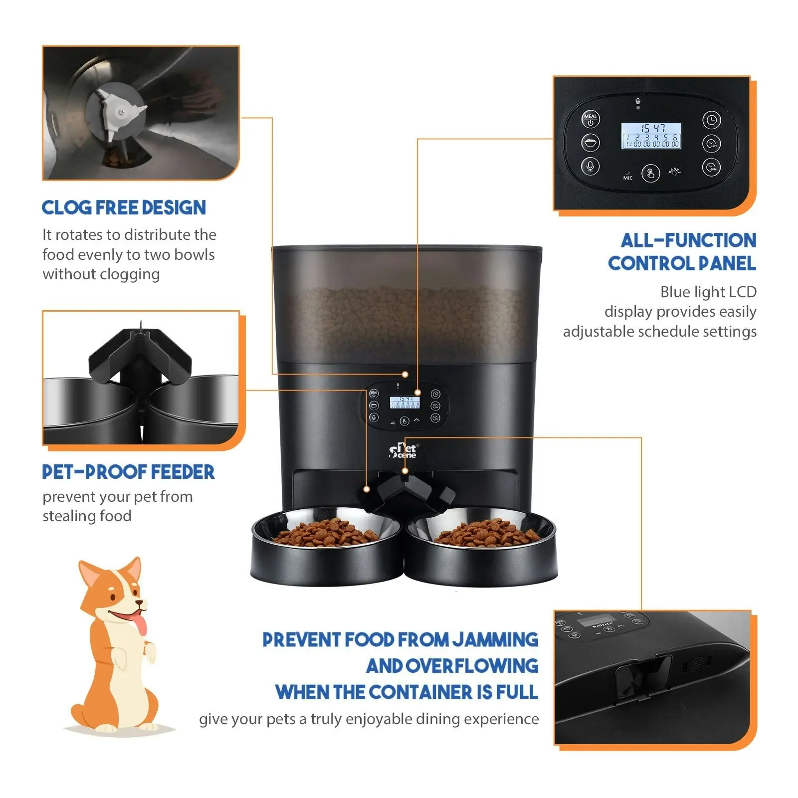 Pet Scene Automatic Pet Cat Feeder Dog Auto Dual Bowls Timed Food Dispenser 6L with Voice Recorder Petscene Black