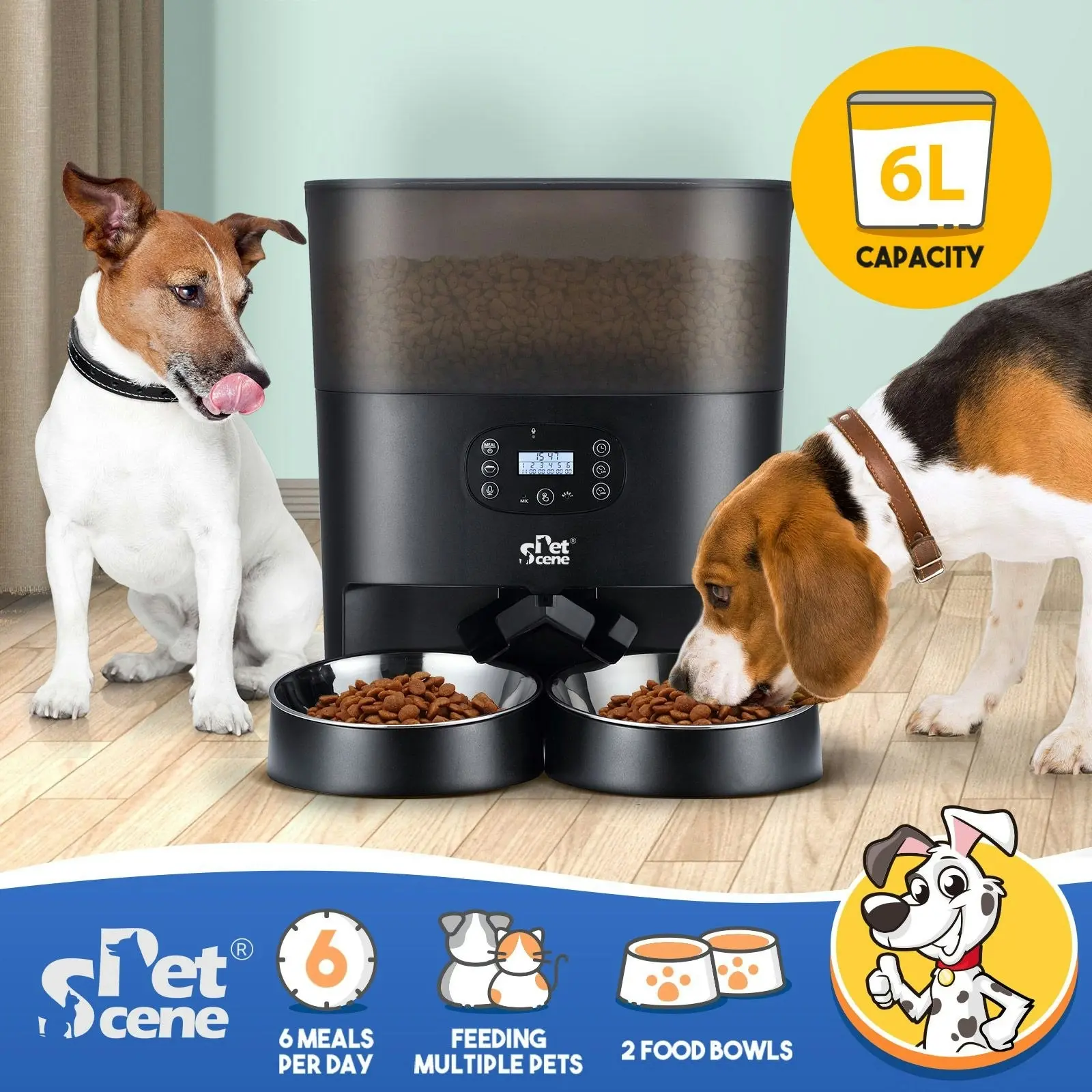 Pet Scene Automatic Pet Cat Feeder Dog Auto Dual Bowls Timed Food Dispenser 6L with Voice Recorder Petscene Black