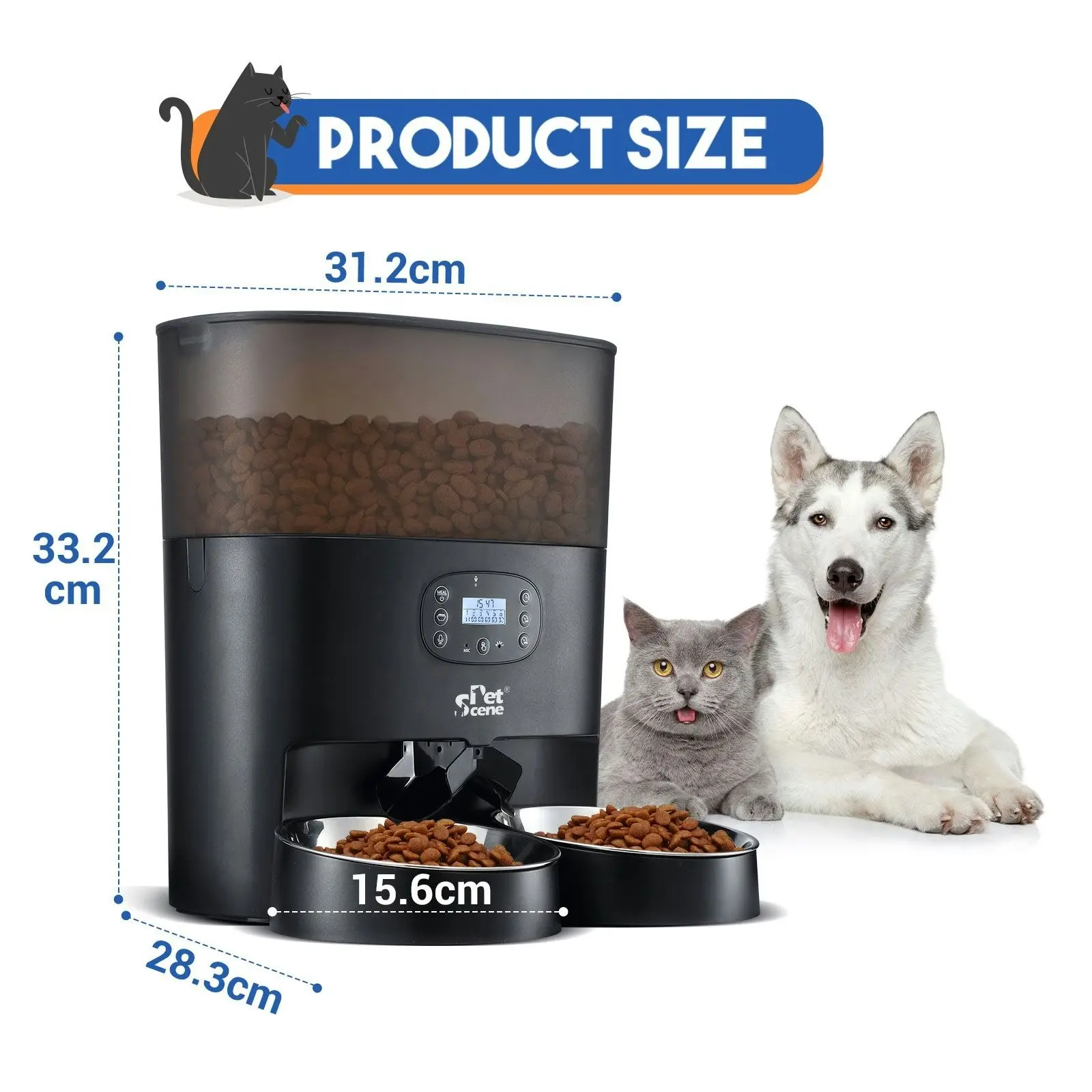 Pet Scene Automatic Pet Cat Feeder Dog Auto Dual Bowls Timed Food Dispenser 6L with Voice Recorder Petscene Black