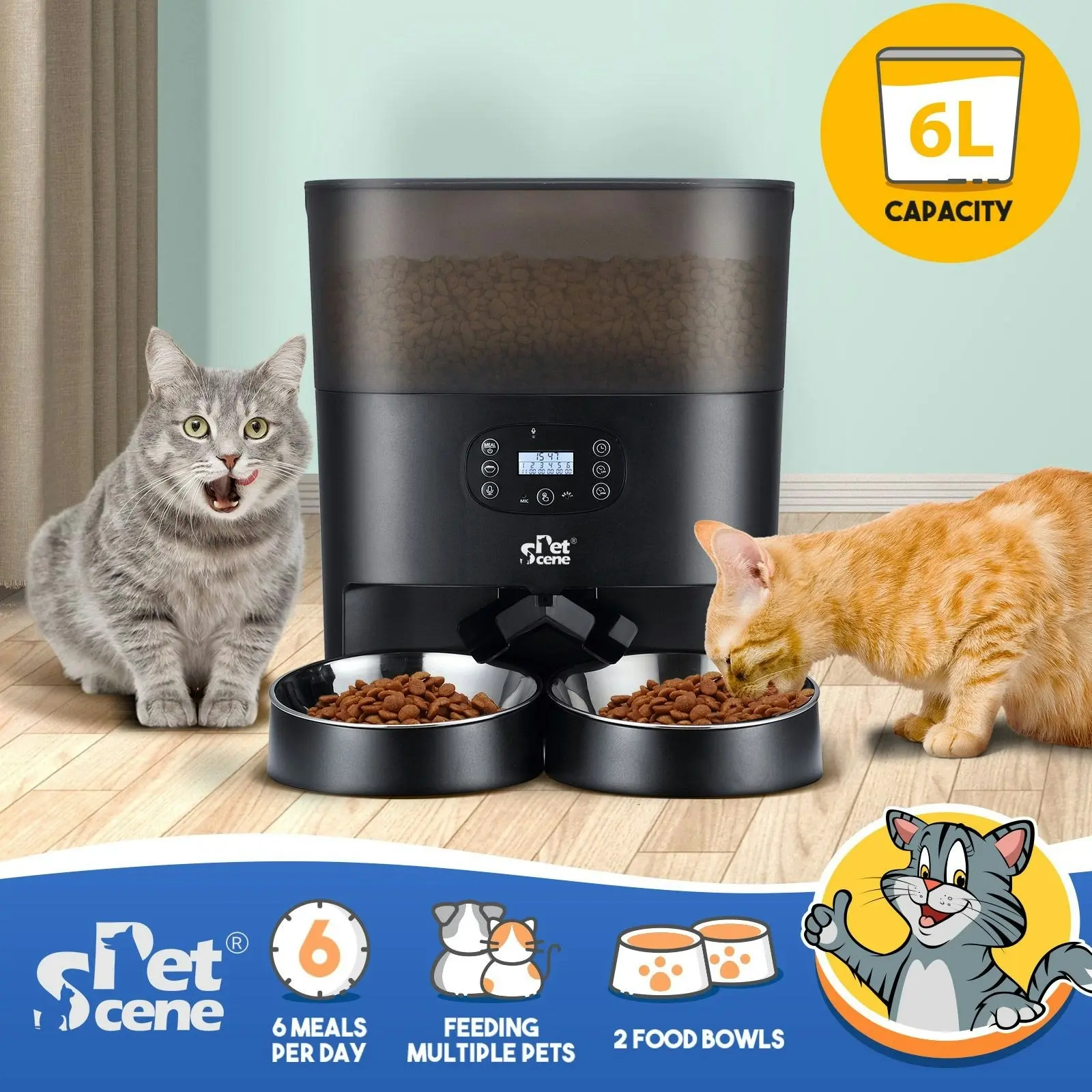 Pet Scene Automatic Pet Cat Feeder Dog Auto Dual Bowls Timed Food Dispenser 6L with Voice Recorder Petscene Black