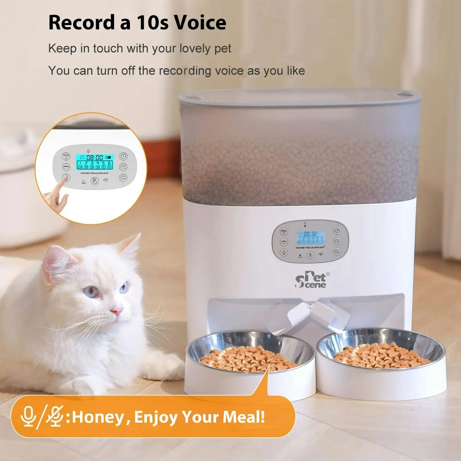 Pet Scene Auto Pet Cat Feeder Dog Automatic Dual Bowls Timed Food Dispenser 6L with Voice Recorder Petscene White