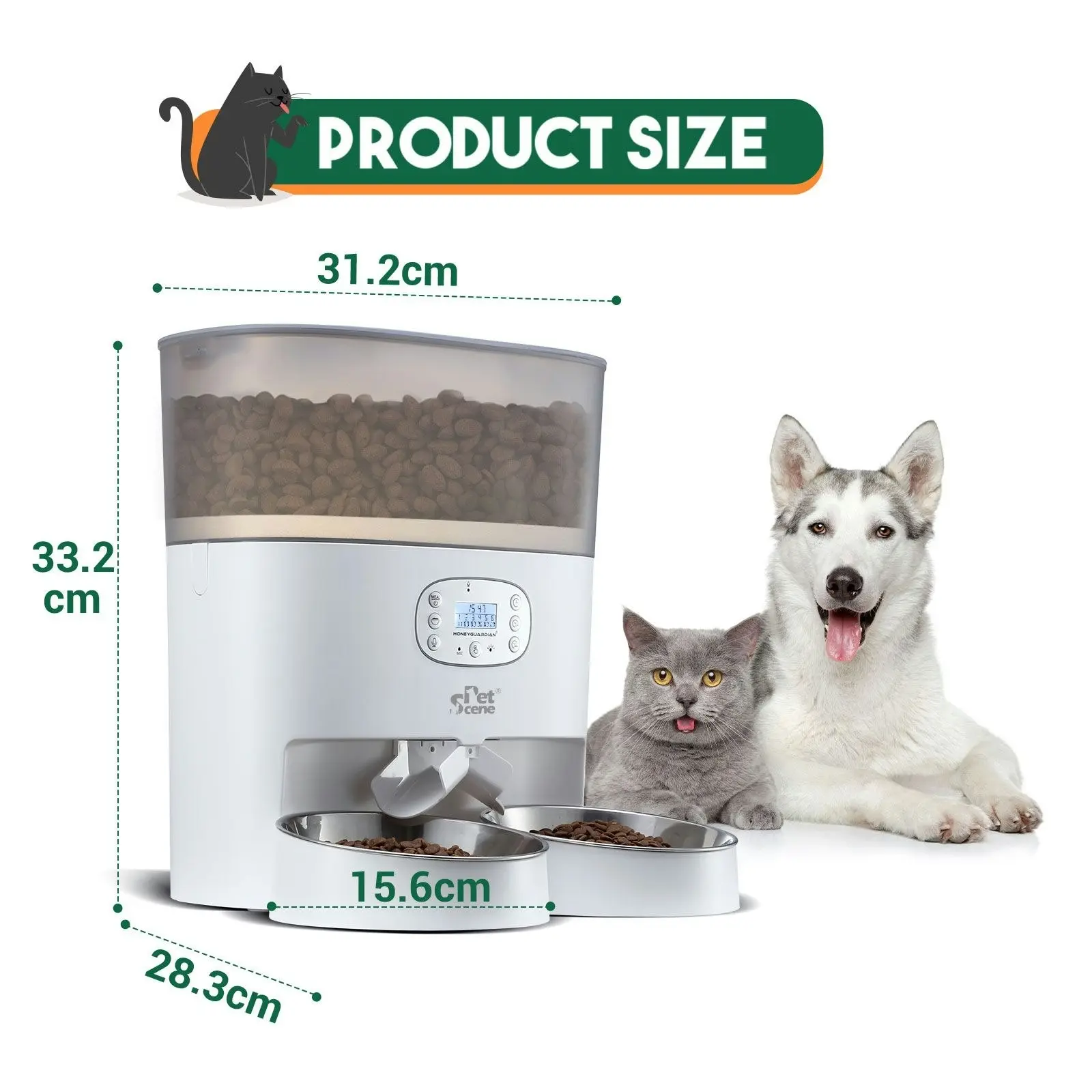 Pet Scene Auto Pet Cat Feeder Dog Automatic Dual Bowls Timed Food Dispenser 6L with Voice Recorder Petscene White