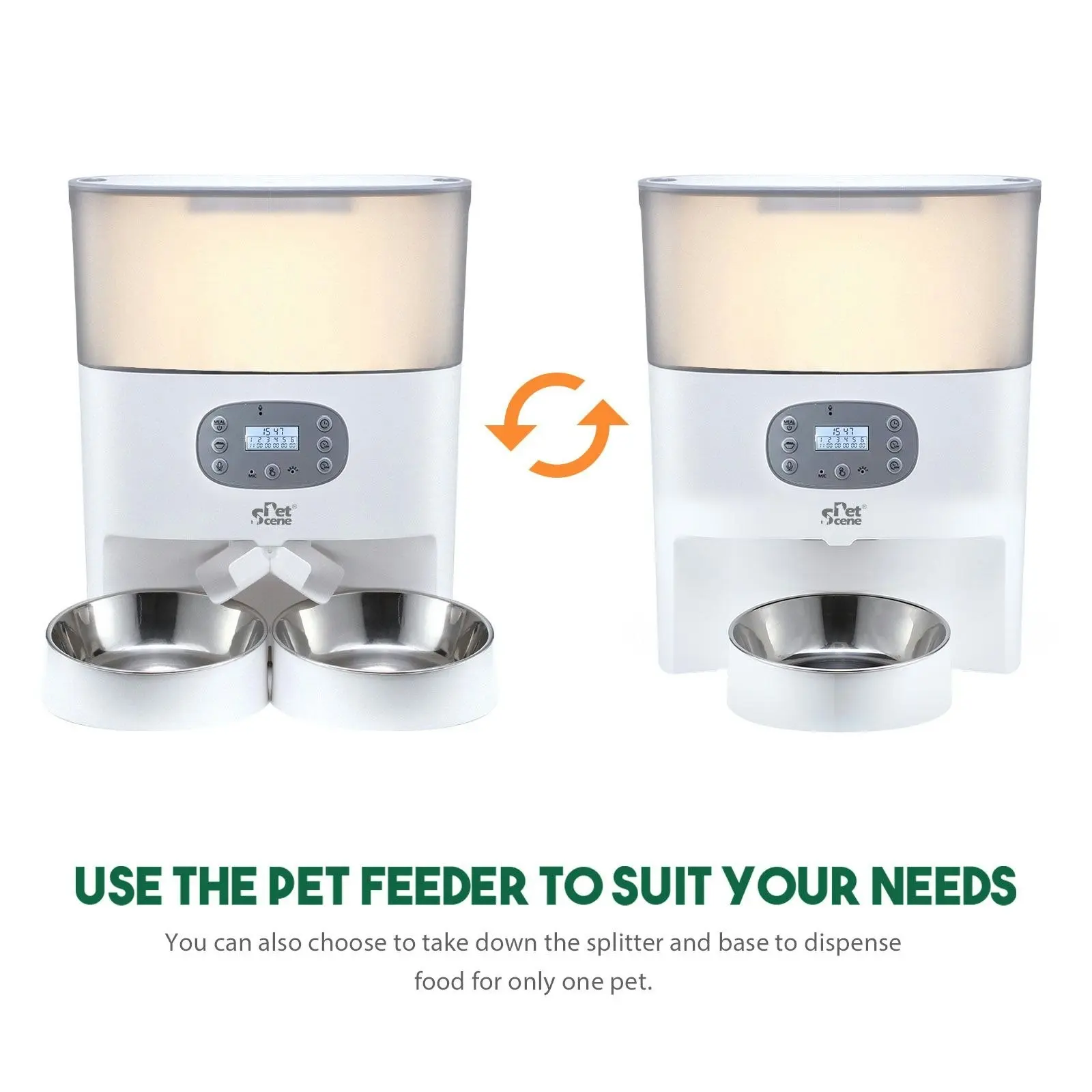 Pet Scene Auto Pet Cat Feeder Dog Automatic Dual Bowls Timed Food Dispenser 6L with Voice Recorder Petscene White