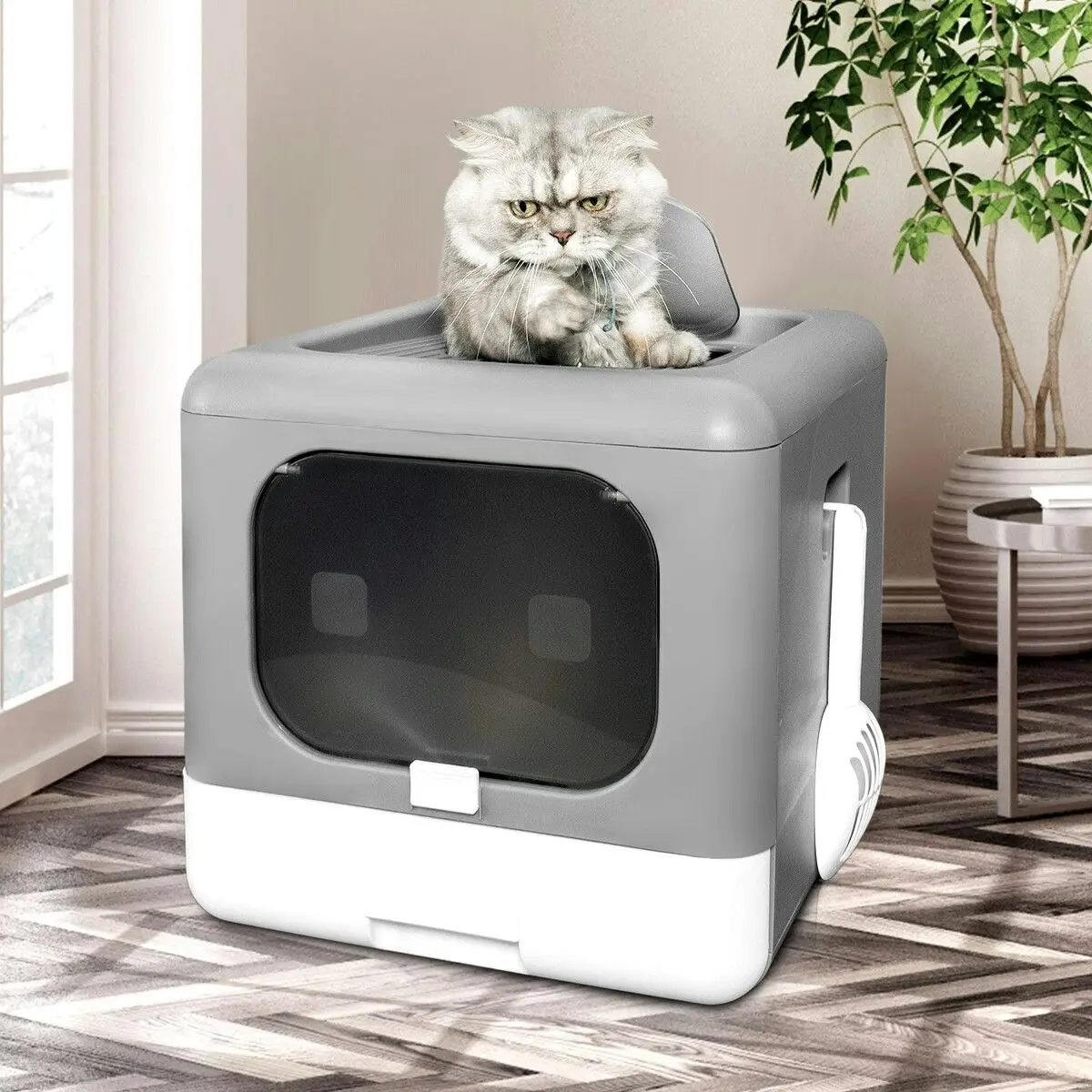 Pet Scene Cat Litter Tray Box Kitty Covered Hooded Enclosed Large Pet Toilet Top Entry Furniture Foldable Gray