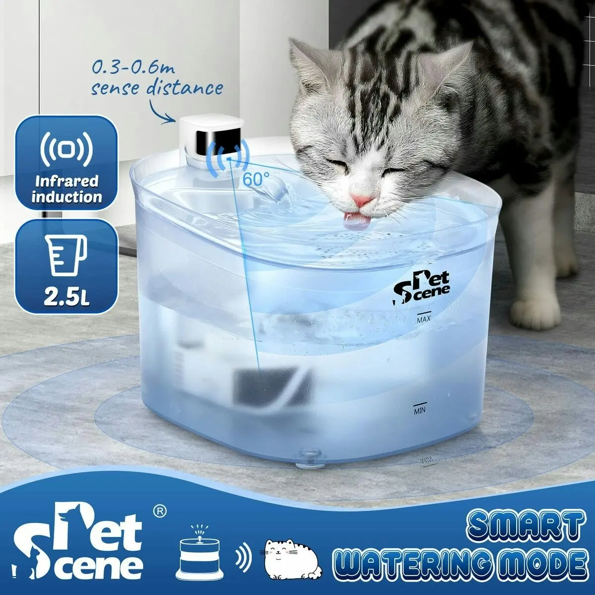 Pet Scene 2.5L Automatic Cat Water Fountain Smart Pet Drinking Dispenser Feeder Bowl with Infrared Sensored