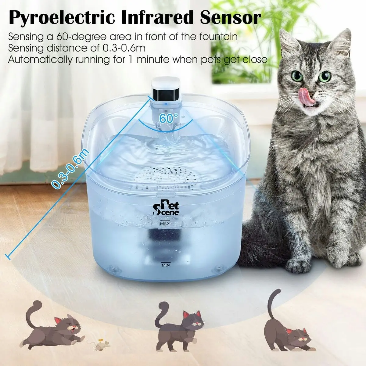 Pet Scene 2.5L Automatic Cat Water Fountain Smart Pet Drinking Dispenser Feeder Bowl with Infrared Sensored