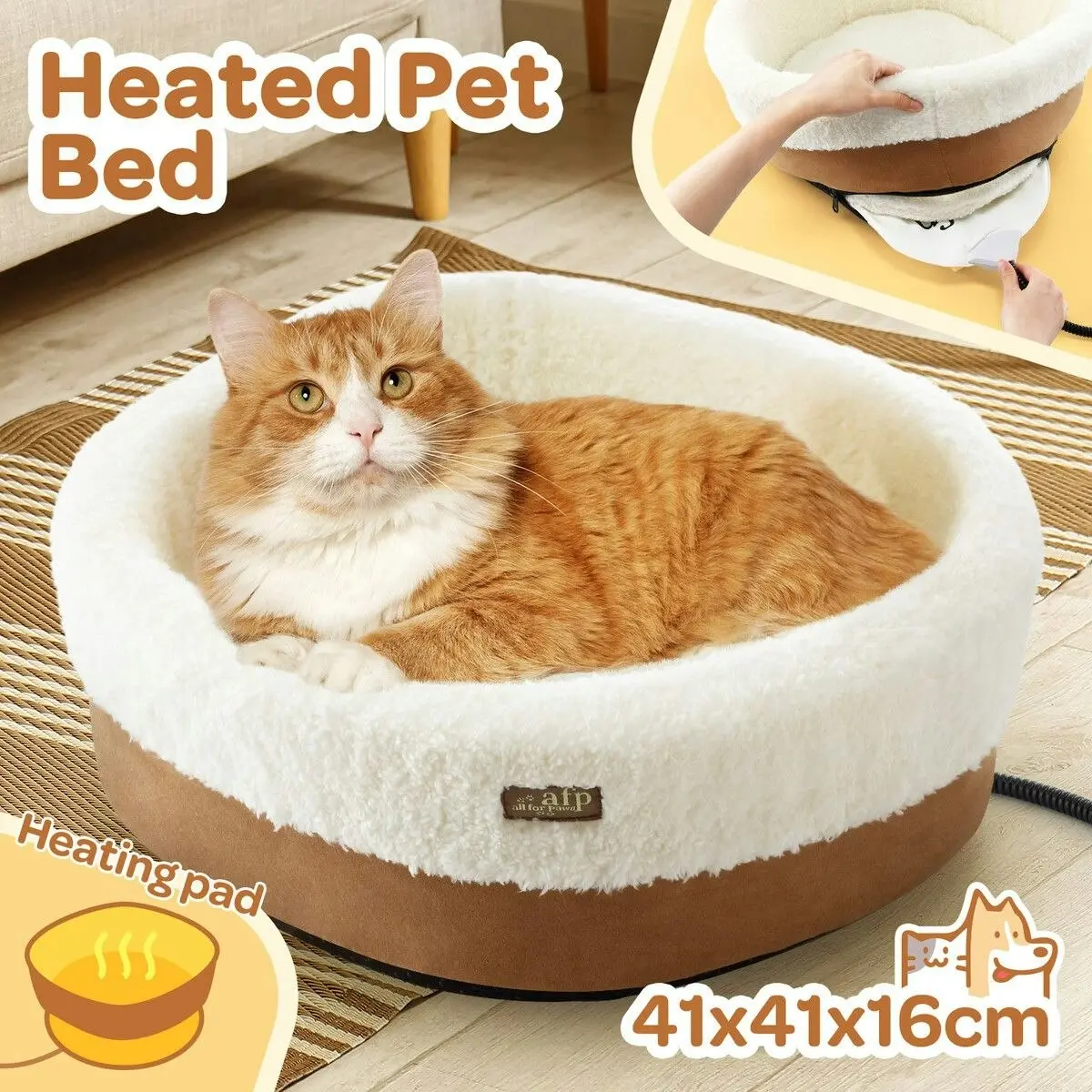 Pet Scene Heated Dog Cat Bed Pet Puppy Kitten Heater Washable Calming Heating Warmer Indoor Warming Comforting Nest 41x41x16cm