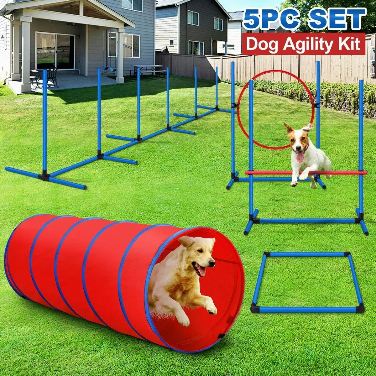 Pet Scene Petscene Dog Agility Equipment 5PC Set Obstacle Course Pet Training Kit Supplies Jump Hurdle Tunnel Poles Pause Box Carrying Bags