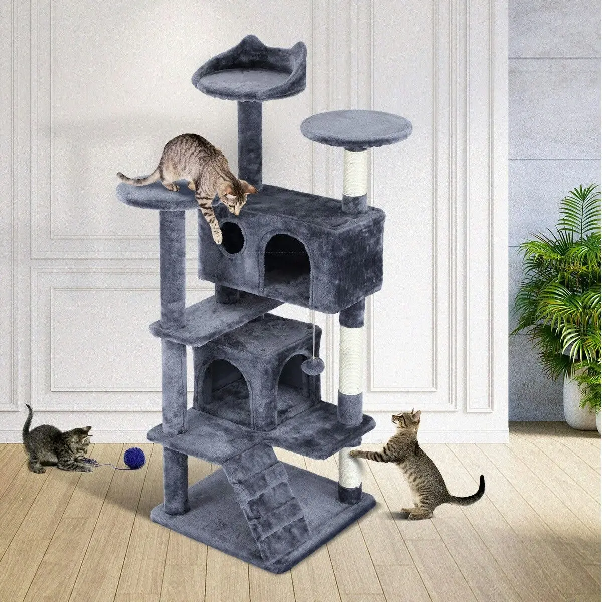 Pet Scene Cat Tower Tree House Scratching Post Multi-level Scratcher Gym 130cm Tall with Condos Hanging Toys