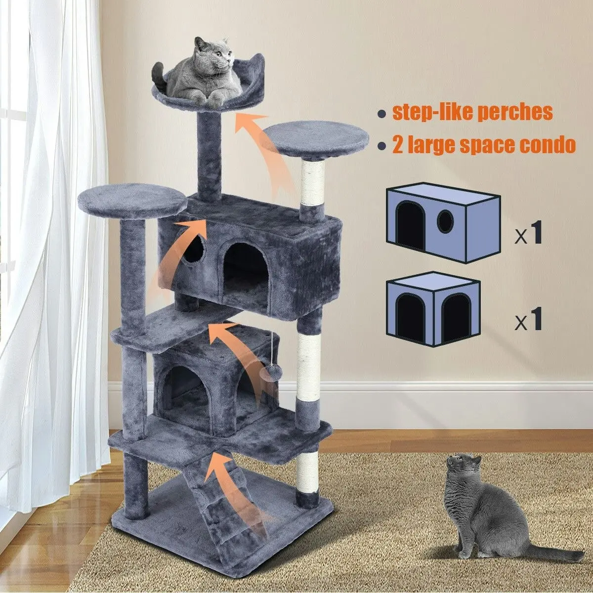 Pet Scene Cat Tower Tree House Scratching Post Multi-level Scratcher Gym 130cm Tall with Condos Hanging Toys