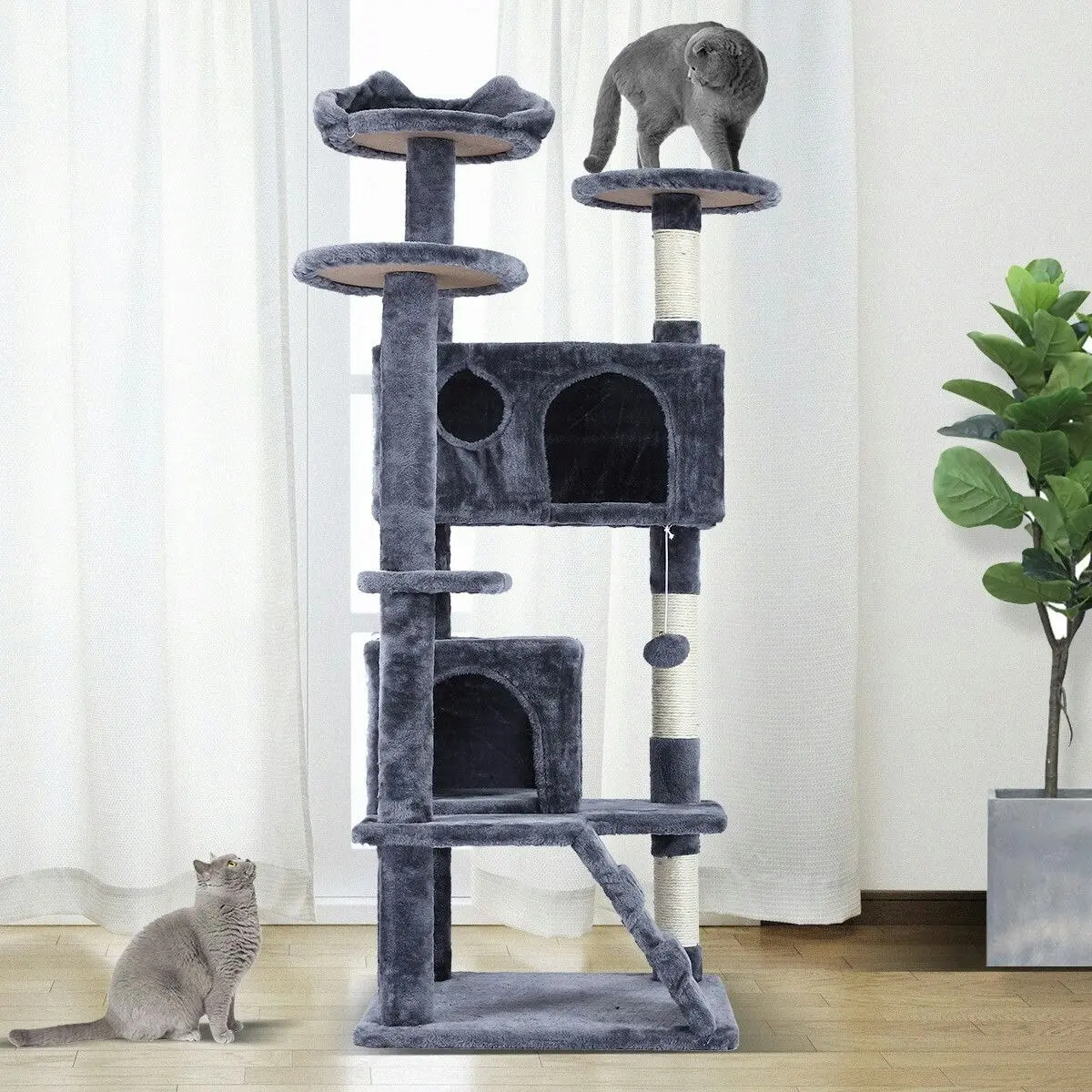 Pet Scene Cat Tower Tree House Scratching Post Multi-level Scratcher Gym 130cm Tall with Condos Hanging Toys