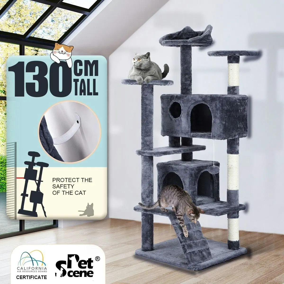 Pet Scene Cat Tower Tree House Scratching Post Multi-level Scratcher Gym 130cm Tall with Condos Hanging Toys