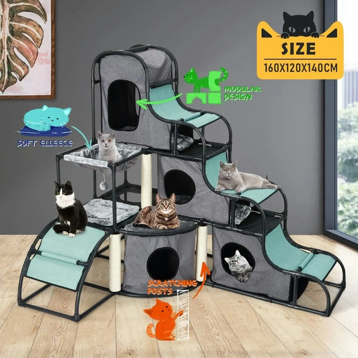 Pet Scene Cat Tower Scratching Post Climbing Tree Furniture Scratcher Pet Gym Condo House Activity Centre Nest Hammock Toys Kit Multi-Tier