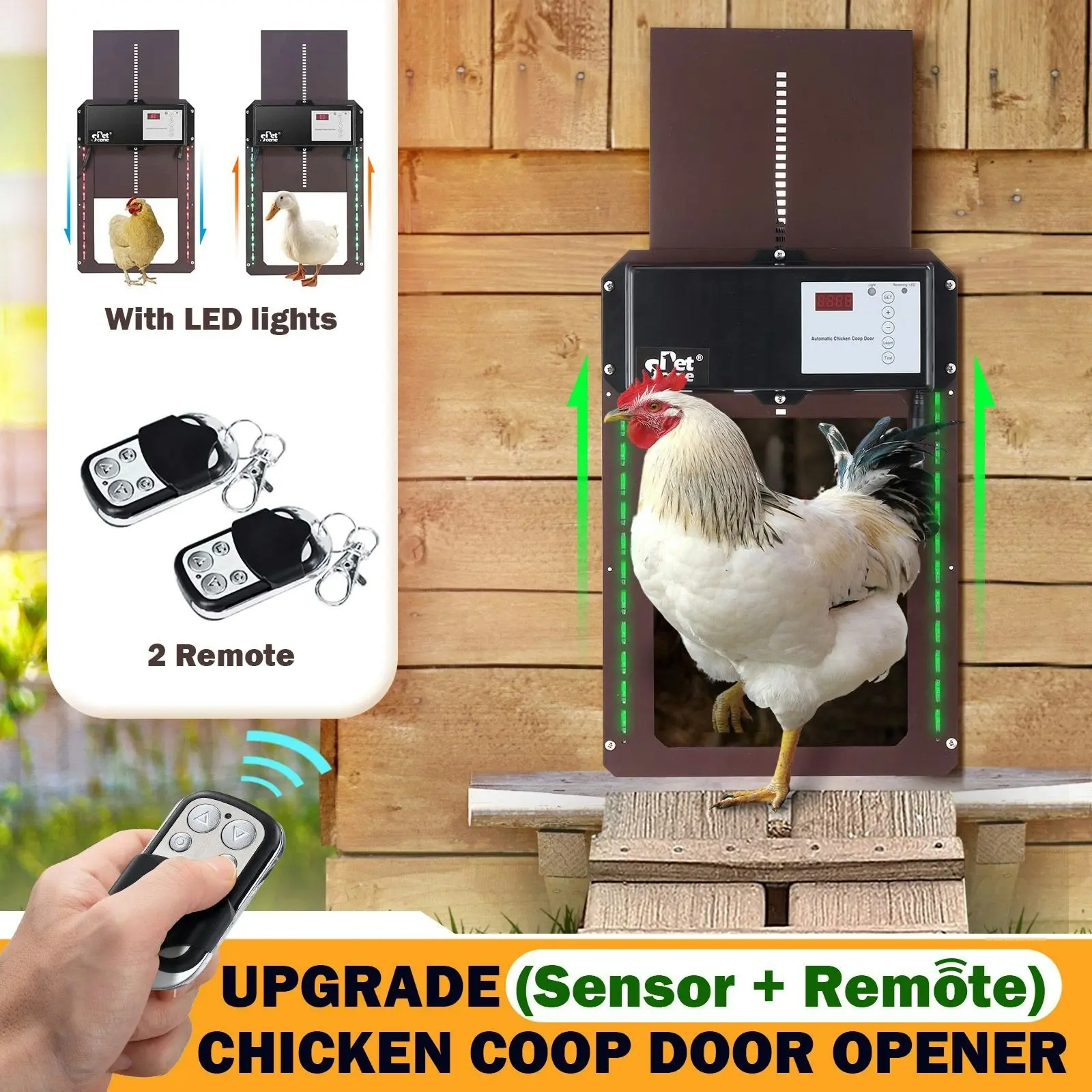 Pet Scene Petscene Automatic Chicken Coop Door Opener Kit LED Lights Timer Light Sensor Remote Waterproof