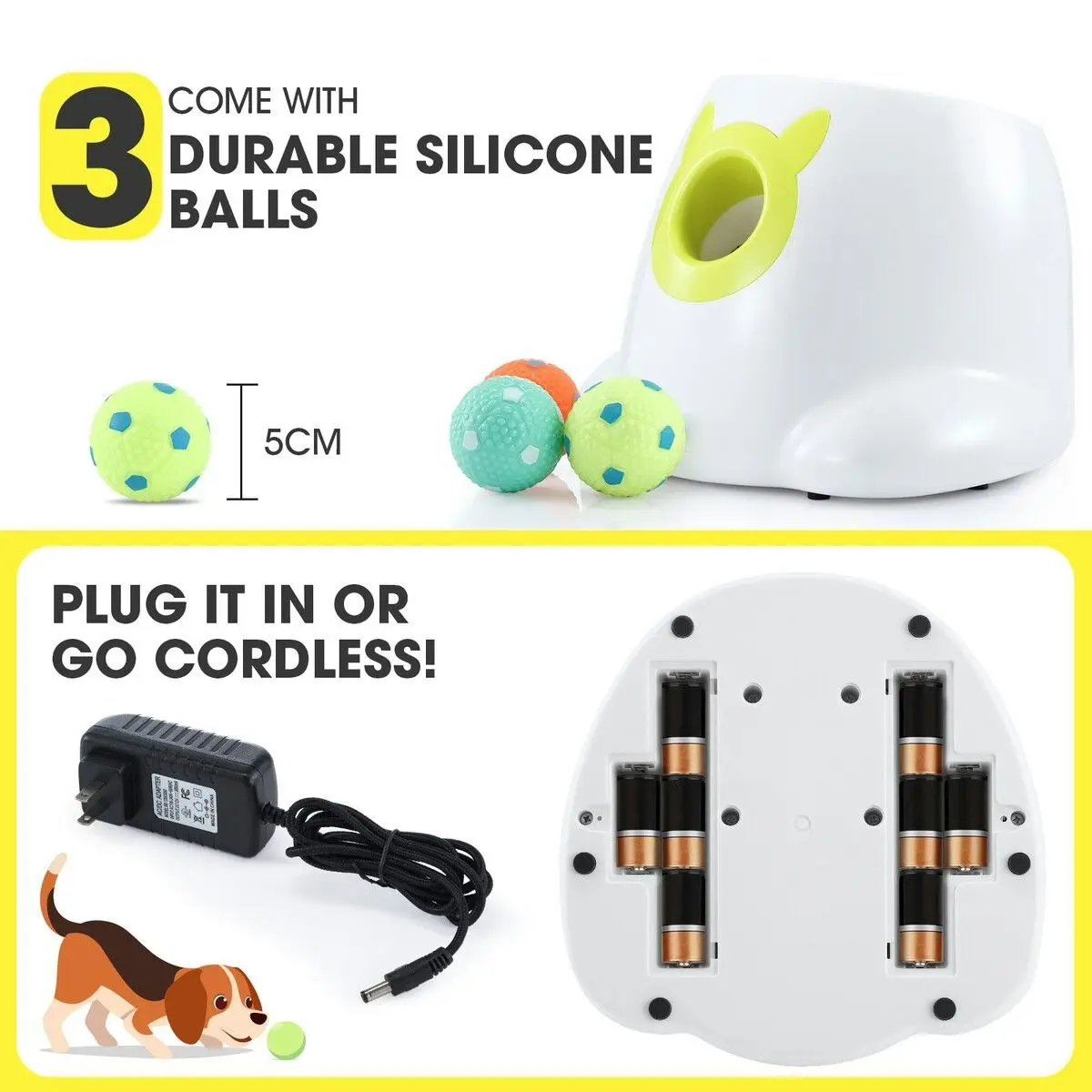 Pet Scene Dog Ball Launcher Automatic Thrower Fetch Throwing Machine Adjustable Distance 3 Coloured Silicone Balls Waterproof Dirt Resistant Petscene