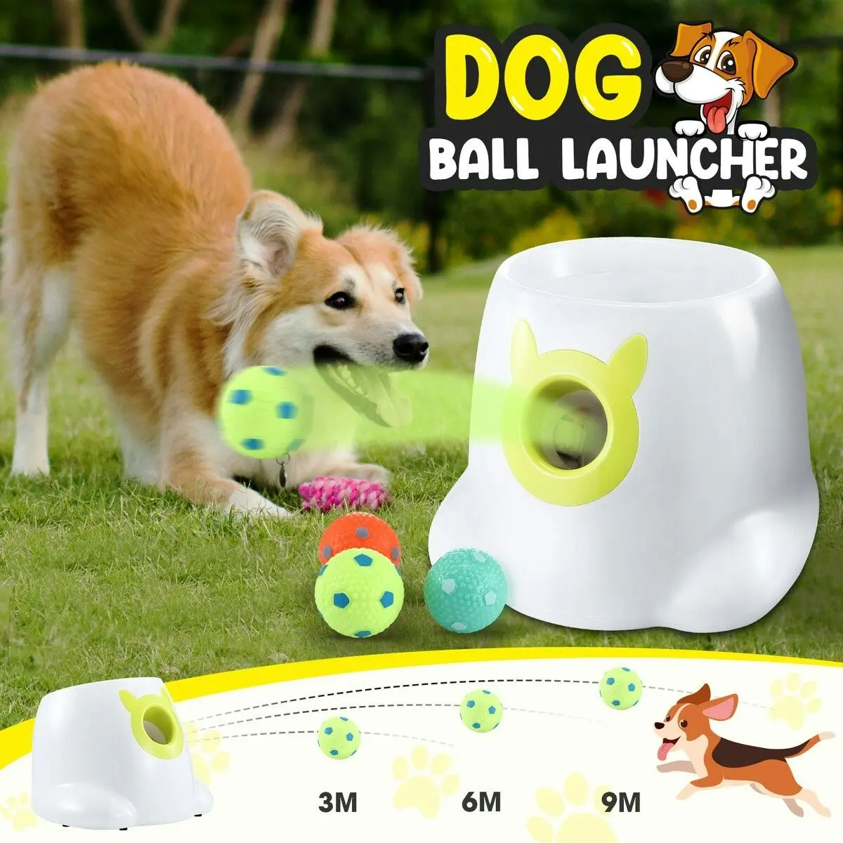 Pet Scene Dog Ball Launcher Automatic Thrower Fetch Throwing Machine Adjustable Distance 3 Coloured Silicone Balls Waterproof Dirt Resistant Petscene