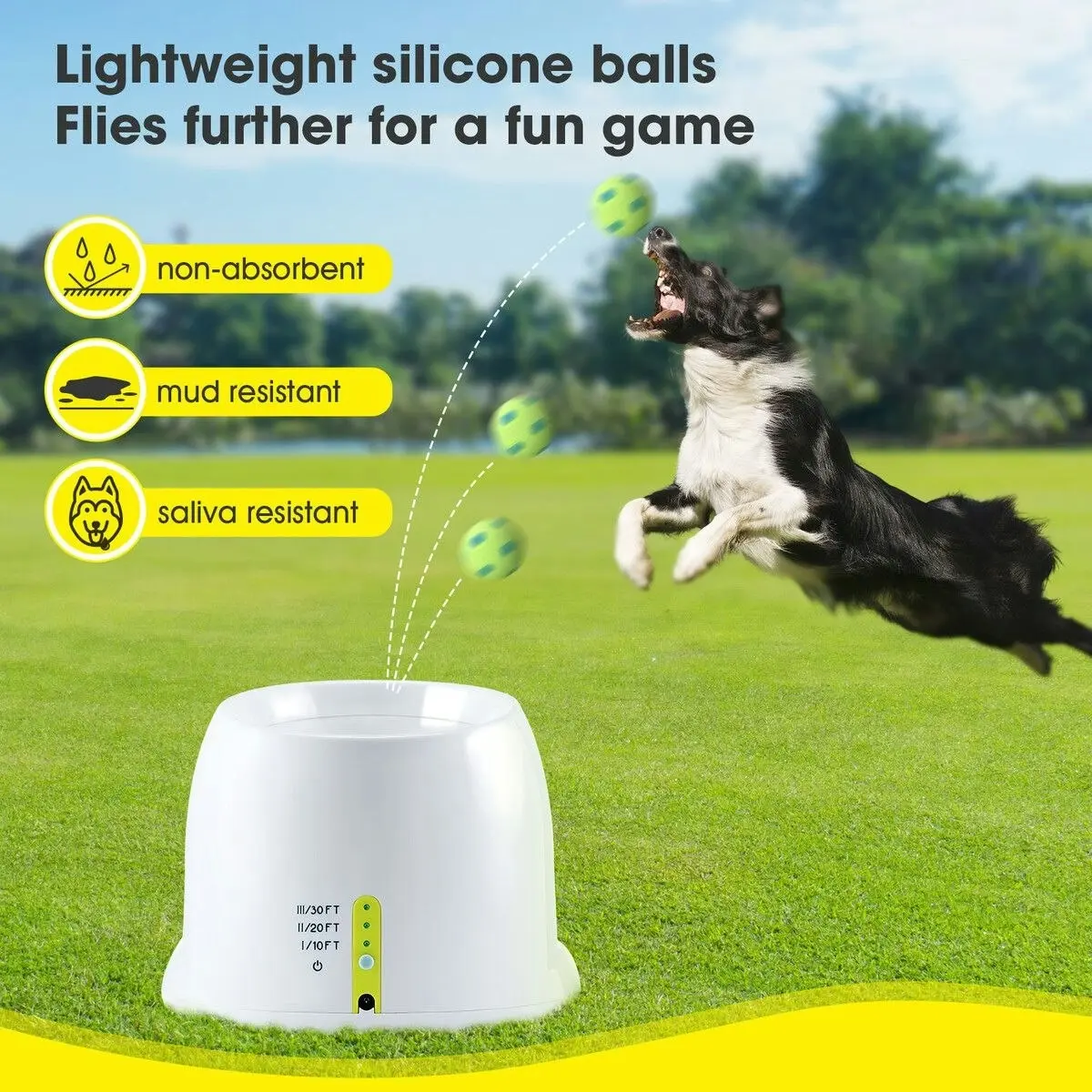 Pet Scene Dog Ball Launcher Automatic Thrower Fetch Throwing Machine Adjustable Distance 3 Coloured Silicone Balls Waterproof Dirt Resistant Petscene