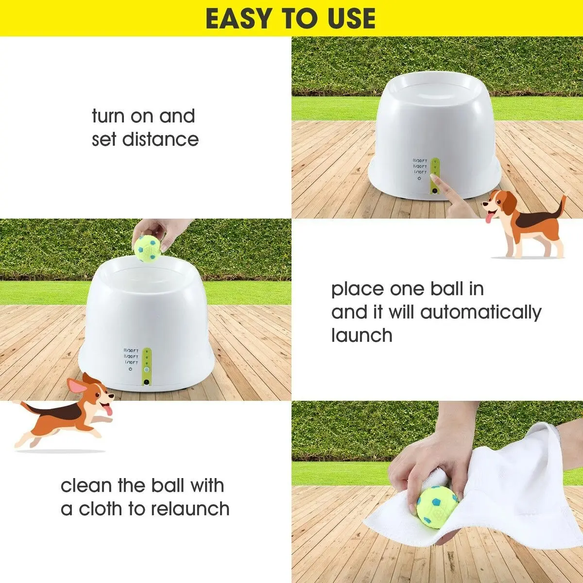 Pet Scene Dog Ball Launcher Automatic Thrower Fetch Throwing Machine Adjustable Distance 3 Coloured Silicone Balls Waterproof Dirt Resistant Petscene