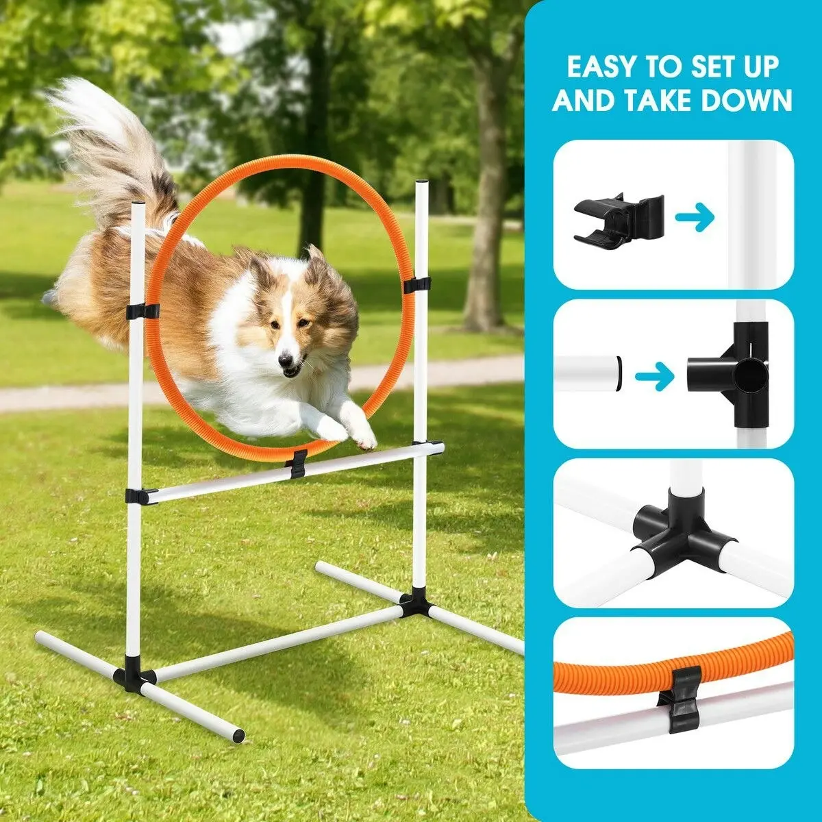 Pet Scene 5PCS Dog Agility Equipment Set Pet Obstacle Course Hurdle Jump Training Exercise Supplies Toys Sports High Hoop Weave Pole Pause Box with Bag