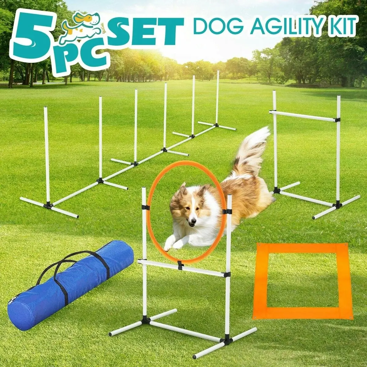 Pet Scene 5PCS Dog Agility Equipment Set Pet Obstacle Course Hurdle Jump Training Exercise Supplies Toys Sports High Hoop Weave Pole Pause Box with Bag