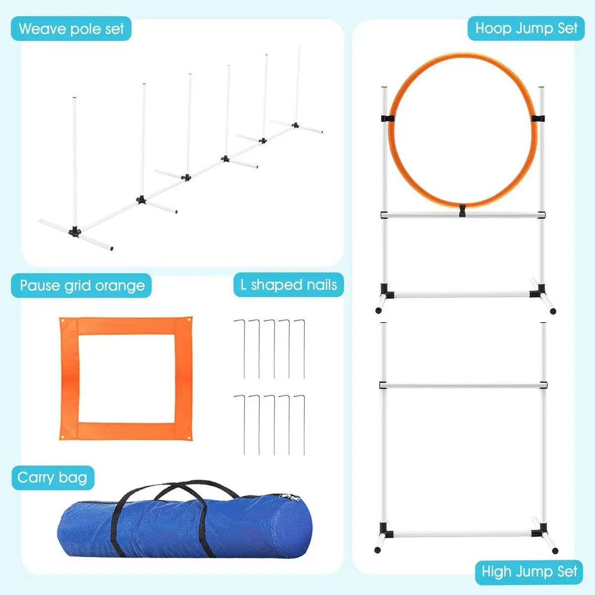 Pet Scene 5PCS Dog Agility Equipment Set Pet Obstacle Course Hurdle Jump Training Exercise Supplies Toys Sports High Hoop Weave Pole Pause Box with Bag