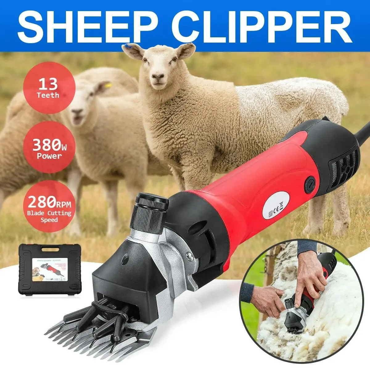 petscene 2800RPM Electric Sheep Wool Shear Clipper Livestock Hair Grooming Kit with 5m Power Cable