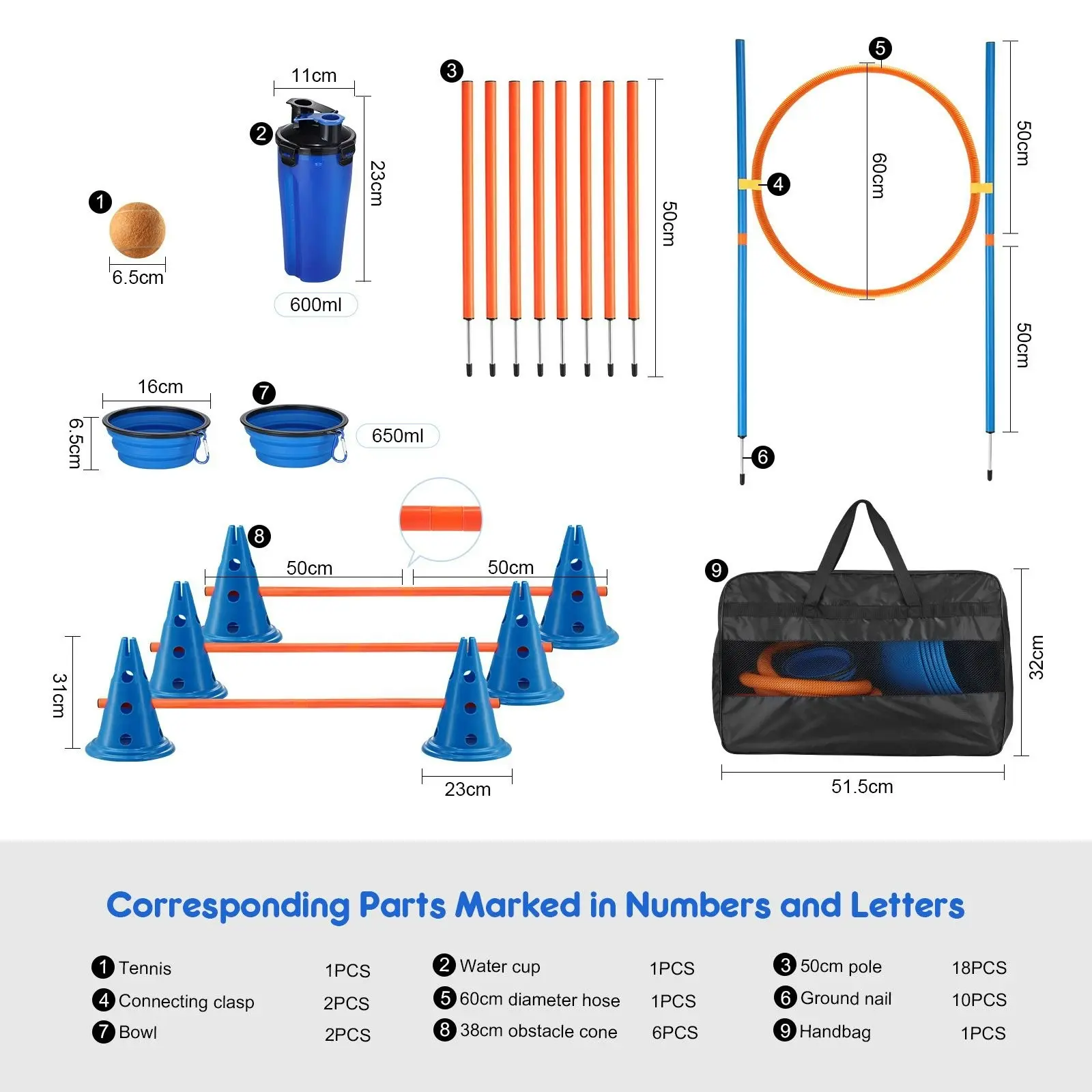 Pet Scene Dog Agility Equipment 7 Set Pet Obstacle Training Course Supplies Jump Puppy Hurdle Cones Weave Poles Carry Bag Water Bottle Bowl