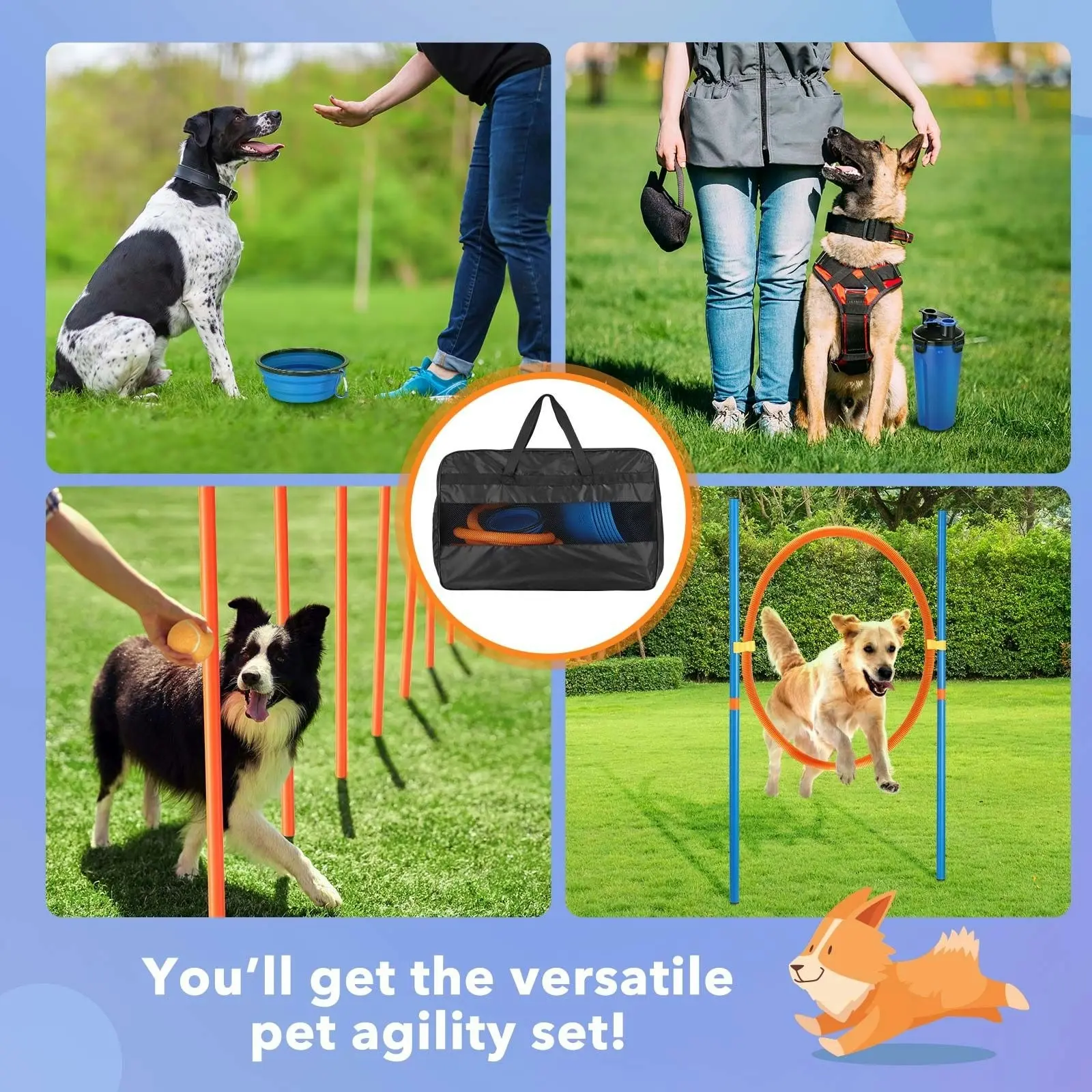 Pet Scene Dog Agility Equipment 7 Set Pet Obstacle Training Course Supplies Jump Puppy Hurdle Cones Weave Poles Carry Bag Water Bottle Bowl