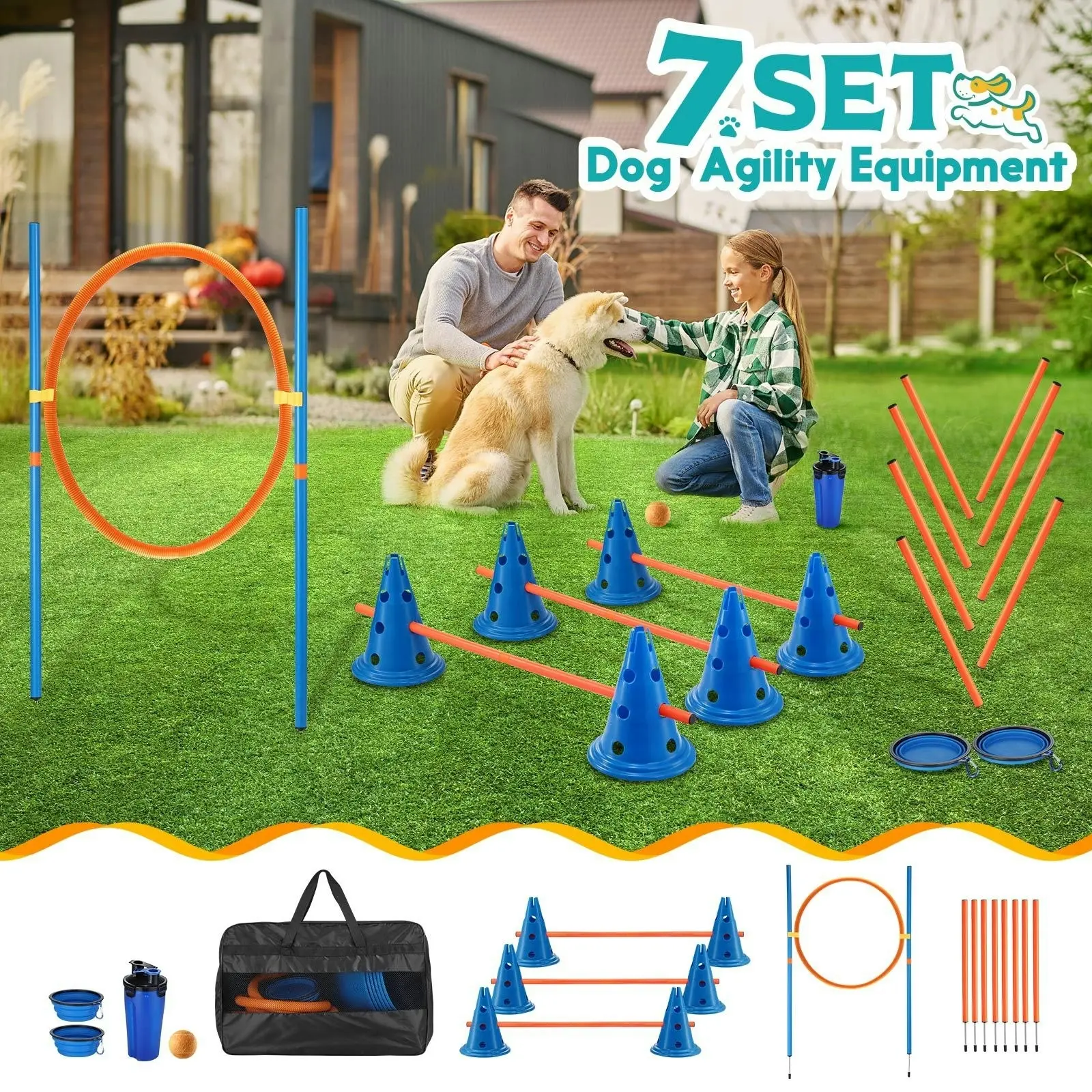 Pet Scene Dog Agility Equipment 7 Set Pet Obstacle Training Course Supplies Jump Puppy Hurdle Cones Weave Poles Carry Bag Water Bottle Bowl