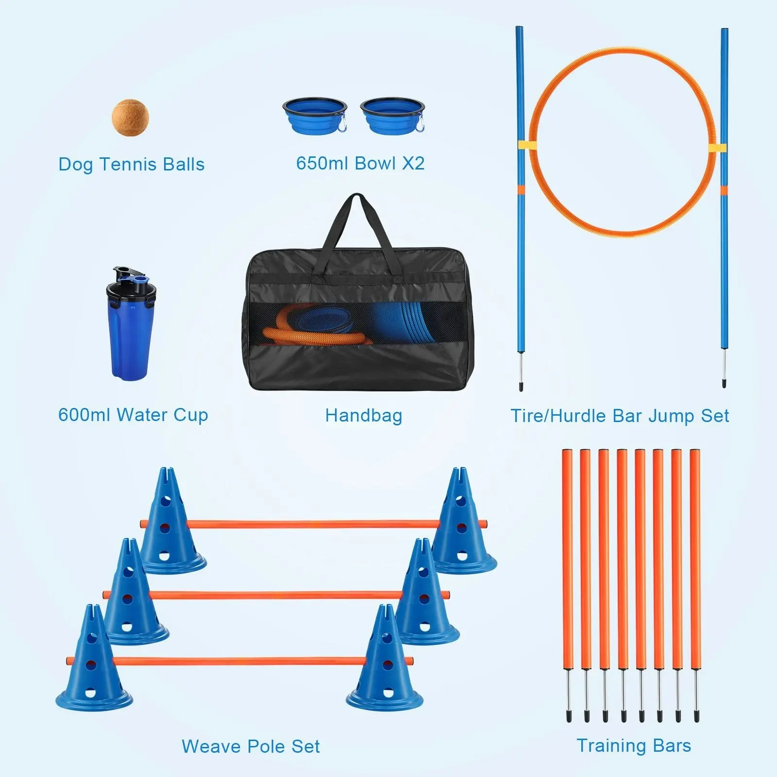 Pet Scene Dog Agility Equipment 7 Set Pet Obstacle Training Course Supplies Jump Puppy Hurdle Cones Weave Poles Carry Bag Water Bottle Bowl