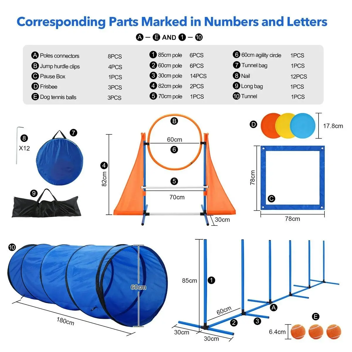 Pet Scene Dog Agility Equipment Obstacle Training Course 7 Set Pet Toys Supplies Hurdle Jump Tire Tunnel Pause Box Weave Poles Frisbees Balls Carry Bags