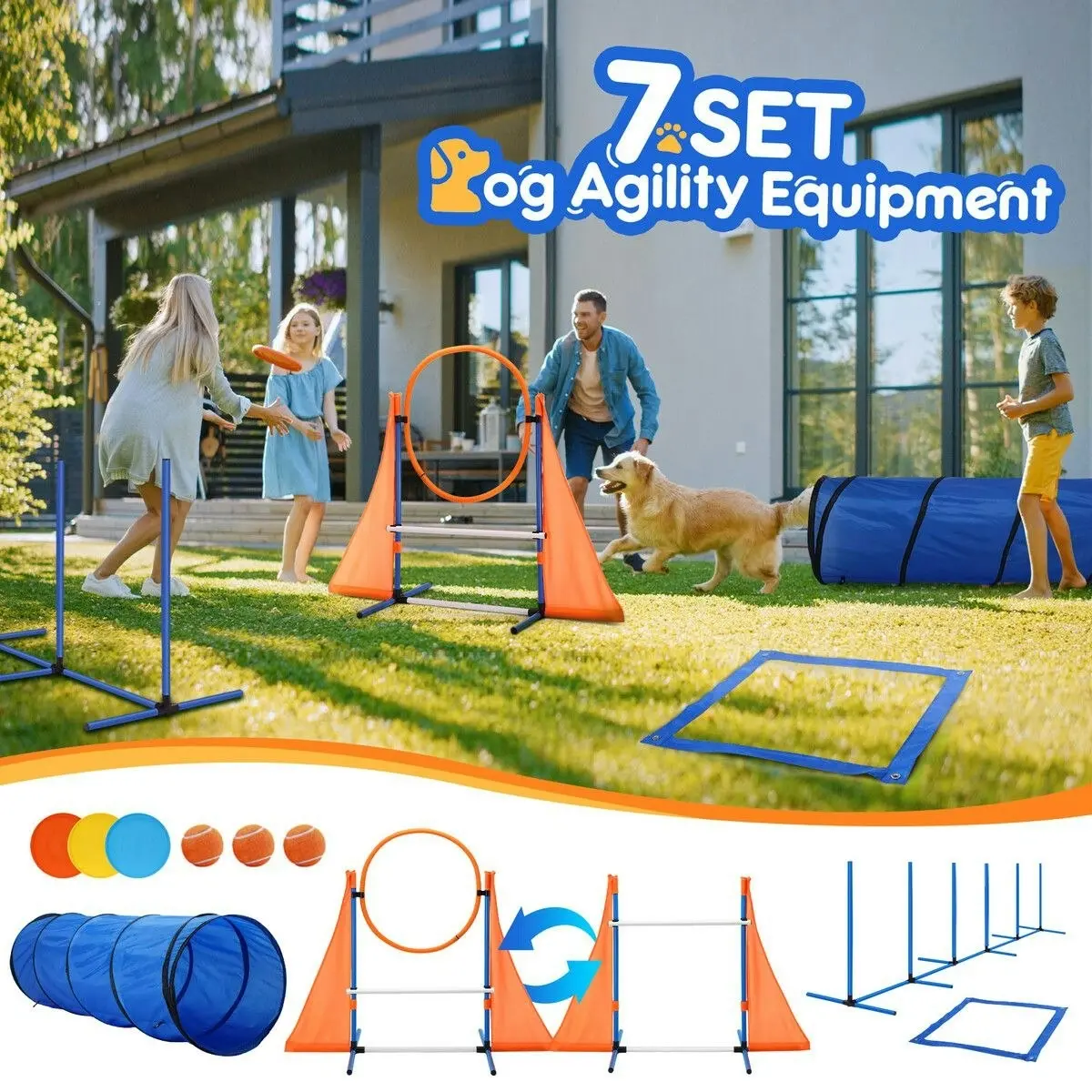 Pet Scene Dog Agility Equipment Obstacle Training Course 7 Set Pet Toys Supplies Hurdle Jump Tire Tunnel Pause Box Weave Poles Frisbees Balls Carry Bags