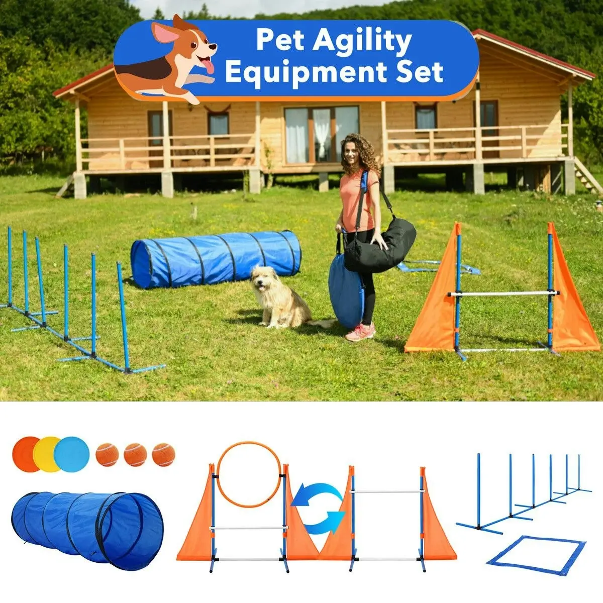 Pet Scene Dog Agility Equipment Obstacle Training Course 7 Set Pet Toys Supplies Hurdle Jump Tire Tunnel Pause Box Weave Poles Frisbees Balls Carry Bags