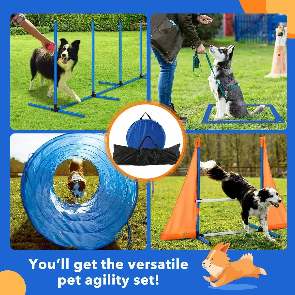 Pet Scene Dog Agility Equipment Obstacle Training Course 7 Set Pet Toys Supplies Hurdle Jump Tire Tunnel Pause Box Weave Poles Frisbees Balls Carry Bags