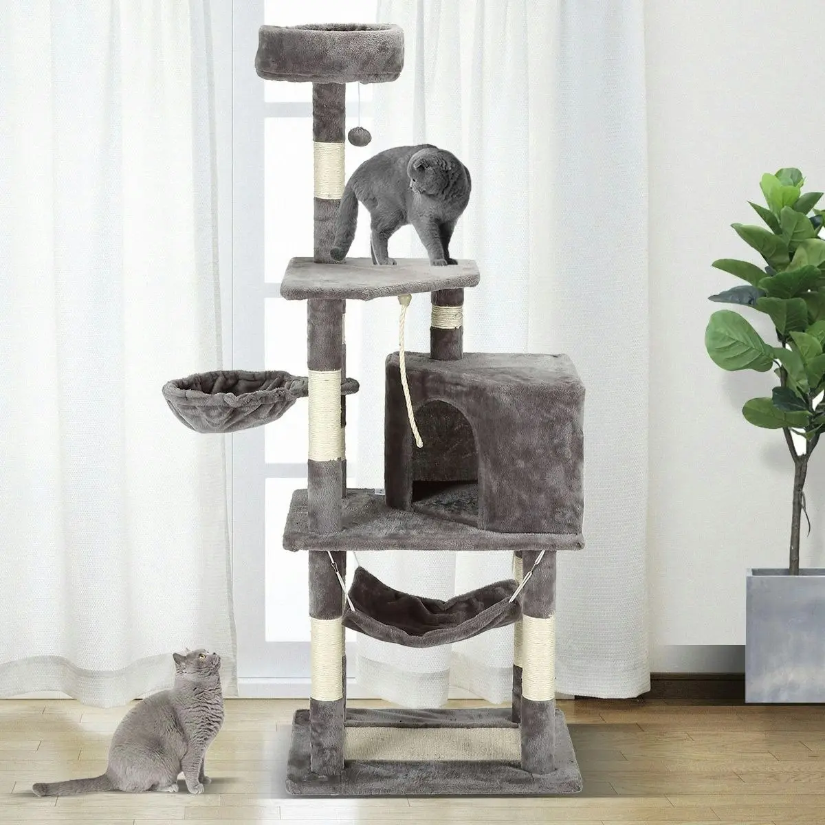 Pet Scene Large Cat Scratching Post Tree Tower Climbing Pole Gym with Playhouse Condo Rope Toy Hammock Perch 153cm Tall