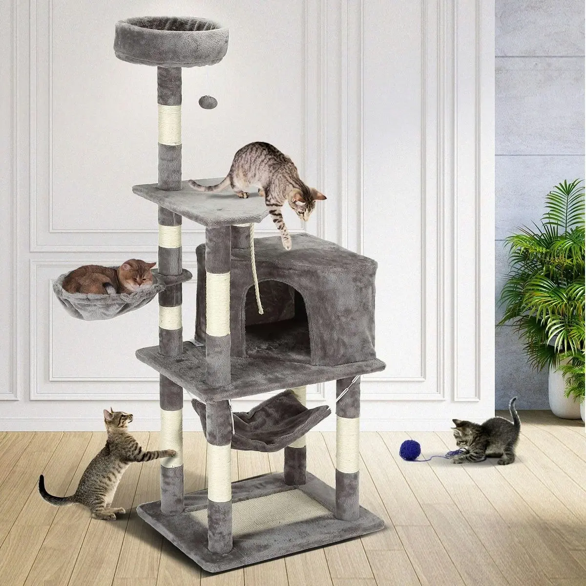 Pet Scene Large Cat Scratching Post Tree Tower Climbing Pole Gym with Playhouse Condo Rope Toy Hammock Perch 153cm Tall