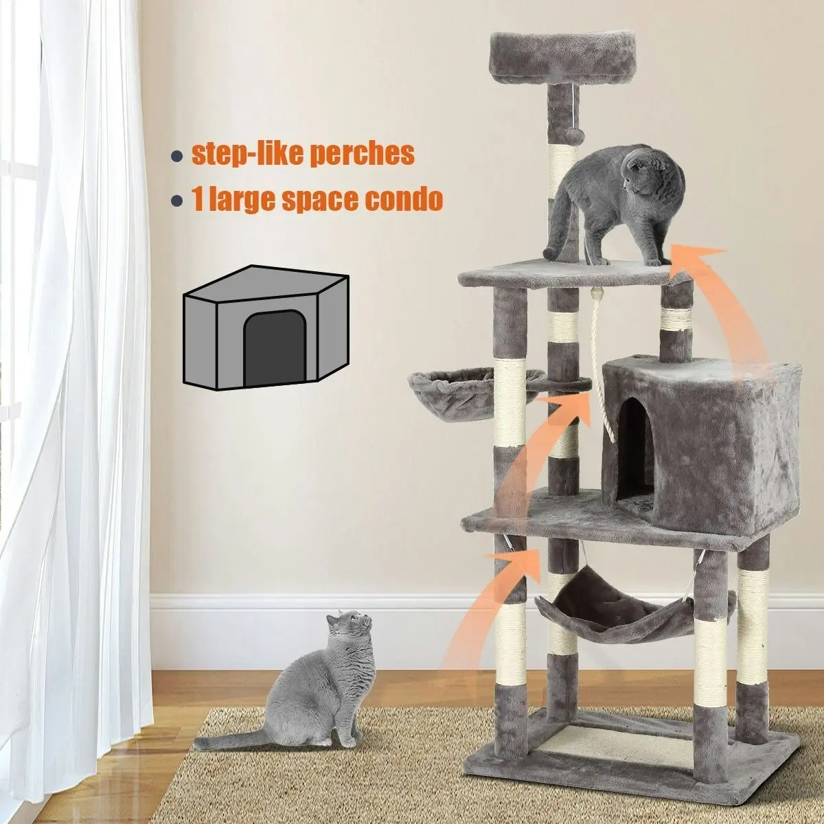 Pet Scene Large Cat Scratching Post Tree Tower Climbing Pole Gym with Playhouse Condo Rope Toy Hammock Perch 153cm Tall