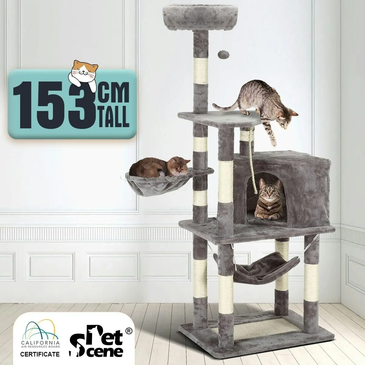 Pet Scene Large Cat Scratching Post Tree Tower Climbing Pole Gym with Playhouse Condo Rope Toy Hammock Perch 153cm Tall