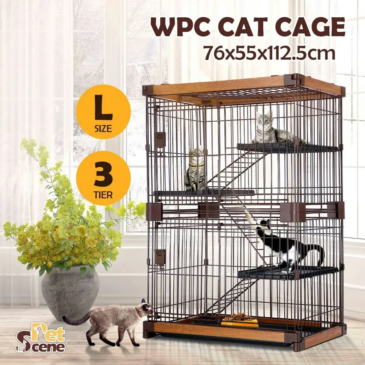 Pet Scene Large Cat Cage Rabbit Hutch Bunny Crate Ferret Kennel House Pet Enclosure Home WPC Frame Wired 3 Tiers