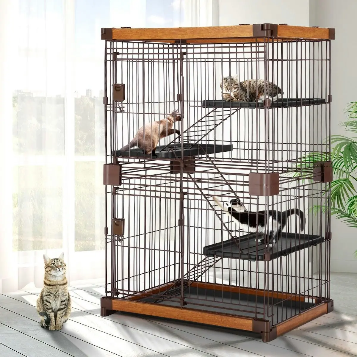 Pet Scene Large Cat Cage Rabbit Hutch Bunny Crate Ferret Kennel House Pet Enclosure Home WPC Frame Wired 3 Tiers