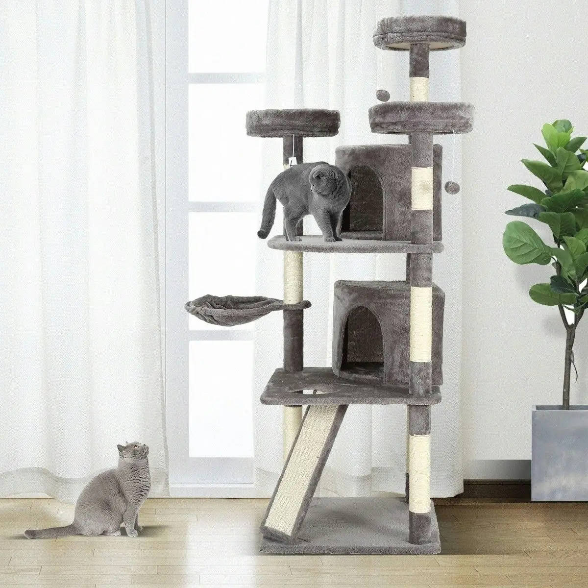 Pet Scene Cat Scratching Post Climbing Pole Tower Tree Playhouse Center w/ Scratcher Condo House Ladder Toys 163cm Tall 5 Levels