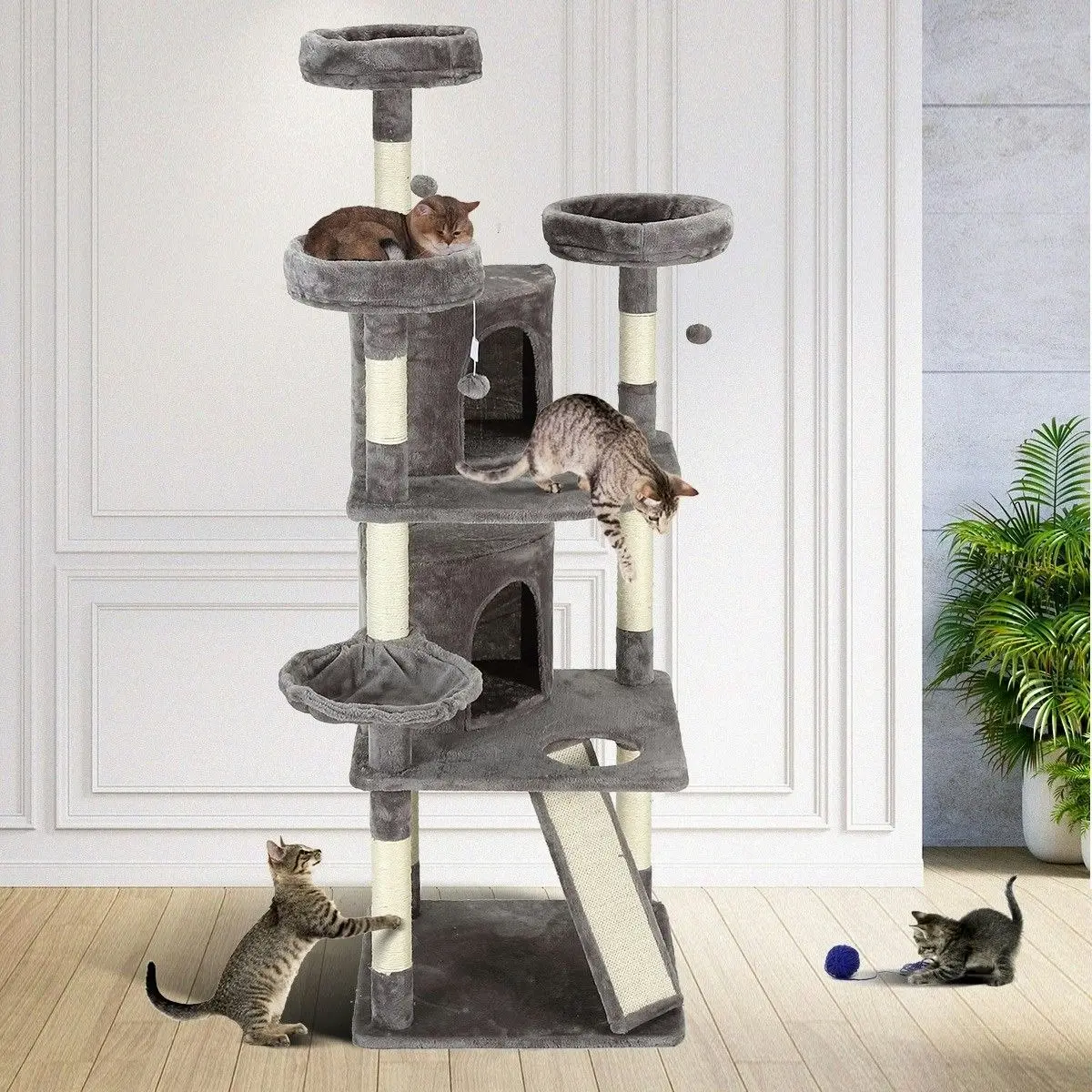 Pet Scene Cat Scratching Post Climbing Pole Tower Tree Playhouse Center w/ Scratcher Condo House Ladder Toys 163cm Tall 5 Levels