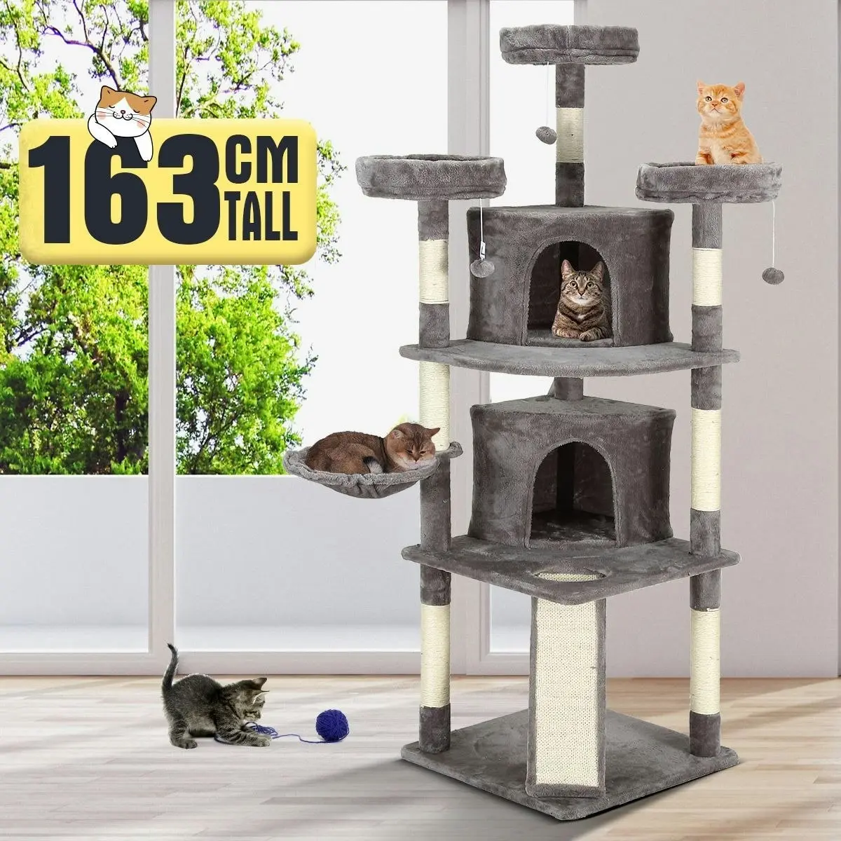 Pet Scene Cat Scratching Post Climbing Pole Tower Tree Playhouse Center w/ Scratcher Condo House Ladder Toys 163cm Tall 5 Levels